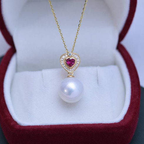 11-12mm Freshwater Pearl & Red Gem Heart Necklace - House Of Pearls